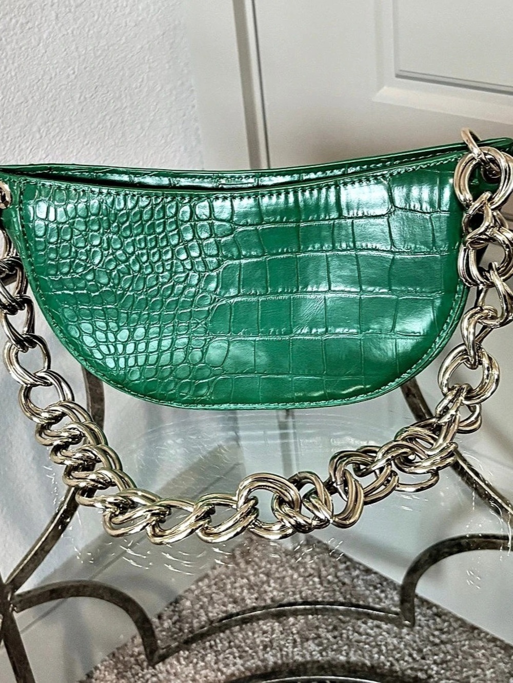 Zara Green Crocodile-Embossed Shoulder Bag